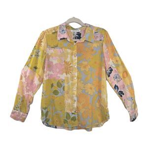 Rose + Olive Women's Floral Top Blouse Button Down Yellow Pink Size M